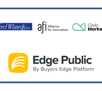 Logos for Word Wizards Inc , Alliance for Innovation (AFI), Civic Marketplace, and Edge Public highlighting a new cooperative purchasing partnership for digital accessibility compliance services 