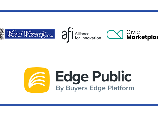 Logos for Word Wizards Inc , Alliance for Innovation (AFI), Civic Marketplace, and Edge Public highlighting a new cooperative purchasing partnership for digital accessibility compliance services 