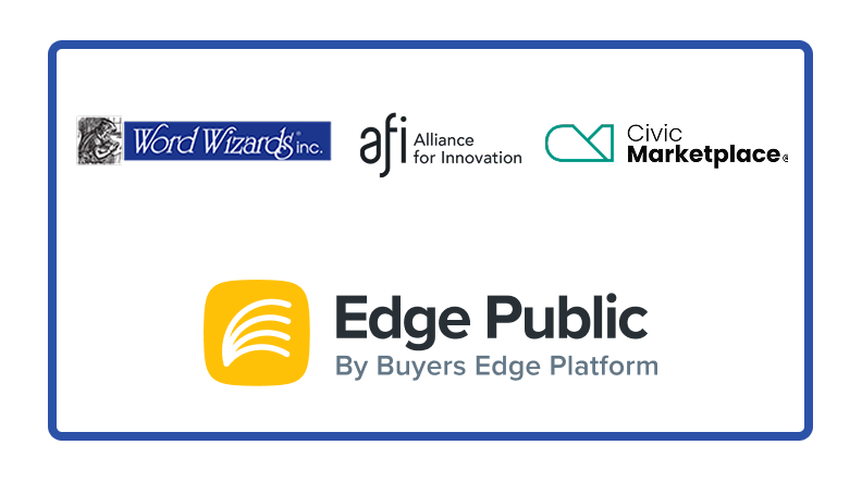 Logos for Word Wizards Inc , Alliance for Innovation (AFI), Civic Marketplace, and Edge Public highlighting a new cooperative purchasing partnership for digital accessibility compliance services 